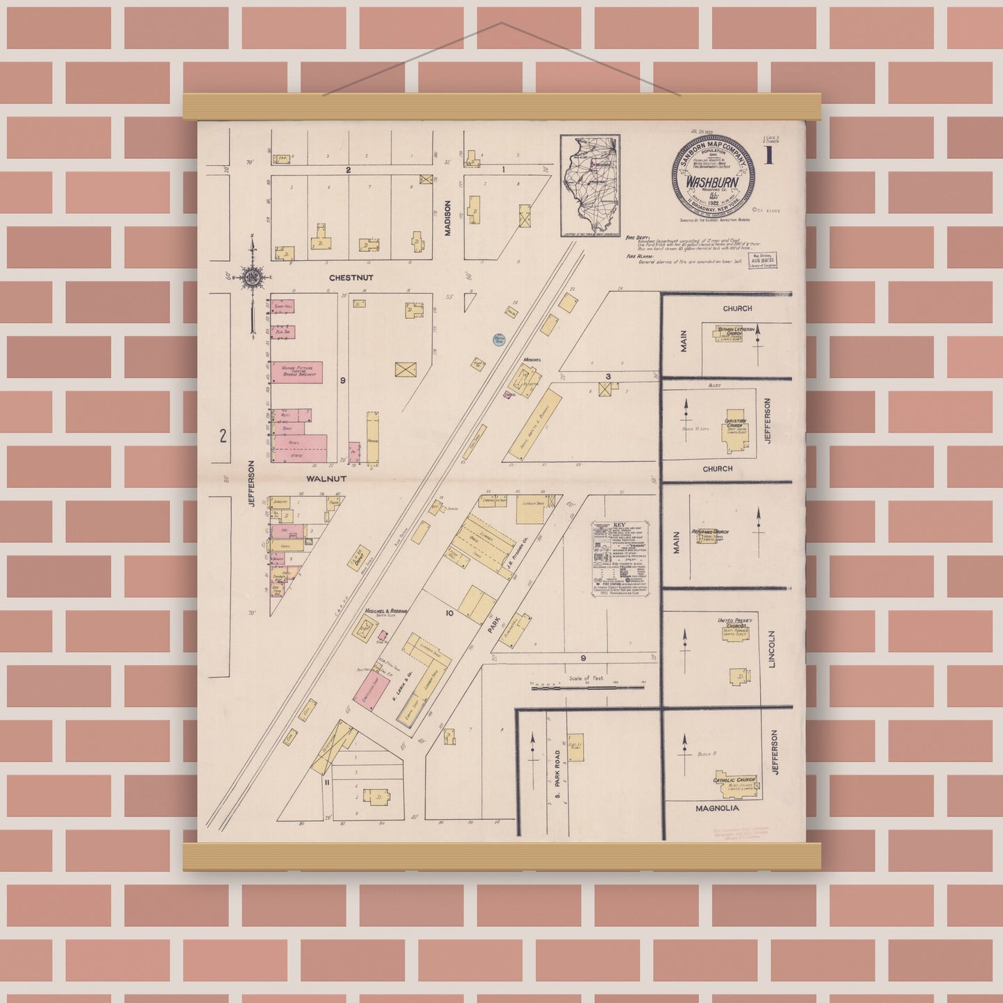 Old map wall art mockup — magnetic wood frame on brick wall — Sanborn Fire Insurance Map from Washburn, Woodford County, Illinois (1922), Sheet #0001