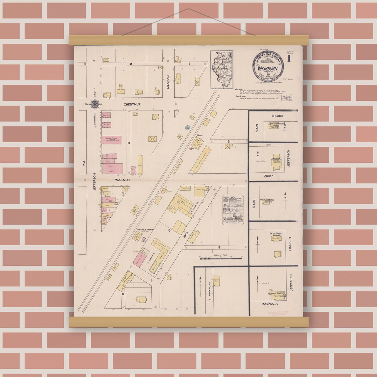 Old map wall art mockup — magnetic wood frame on brick wall — Sanborn Fire Insurance Map from Washburn, Woodford County, Illinois (1922), Sheet #0001