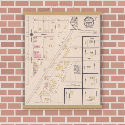 Old map wall art mockup — magnetic wood frame on brick wall — Sanborn Fire Insurance Map from Washburn, Woodford County, Illinois (1922), Sheet #0001