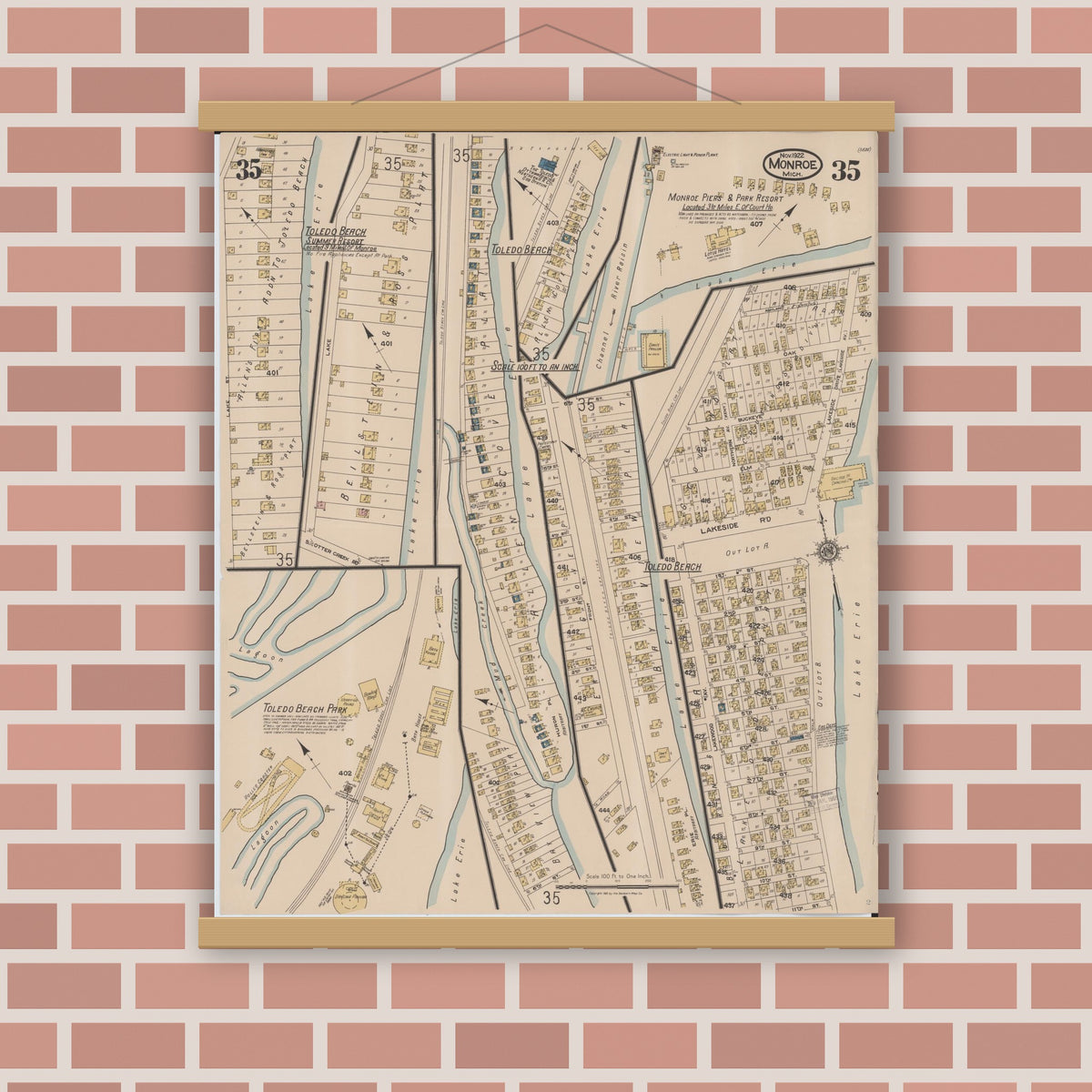 Old map wall art mockup — magnetic wood frame on brick wall — Sanborn Fire Insurance Map from Monroe, Monroe County, Michigan (1922), Sheet #0035