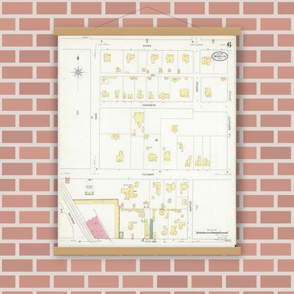 Old map wall art mockup — magnetic wood frame on brick wall — Sanborn Fire Insurance Map from Marlin, Falls County, Texas (1909), Sheet #0006