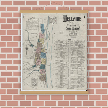 Old map wall art mockup — magnetic wood frame on brick wall — Sanborn Fire Insurance Map from Bellaire, Belmont County, Ohio (1924) - Complete Map Set