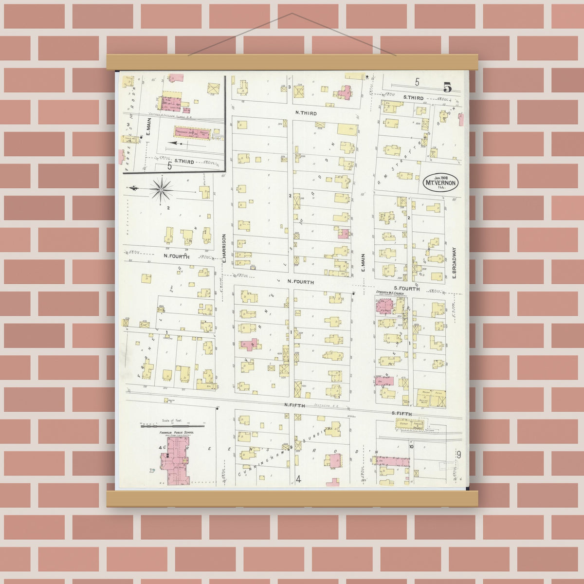 Old map wall art mockup — magnetic wood frame on brick wall — Sanborn Fire Insurance Map from Mount Vernon, Jefferson County, Illinois (1908), Sheet #0005