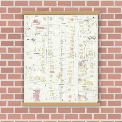 Old map wall art mockup — magnetic wood frame on brick wall — Sanborn Fire Insurance Map from Mount Vernon, Jefferson County, Illinois (1908), Sheet #0005