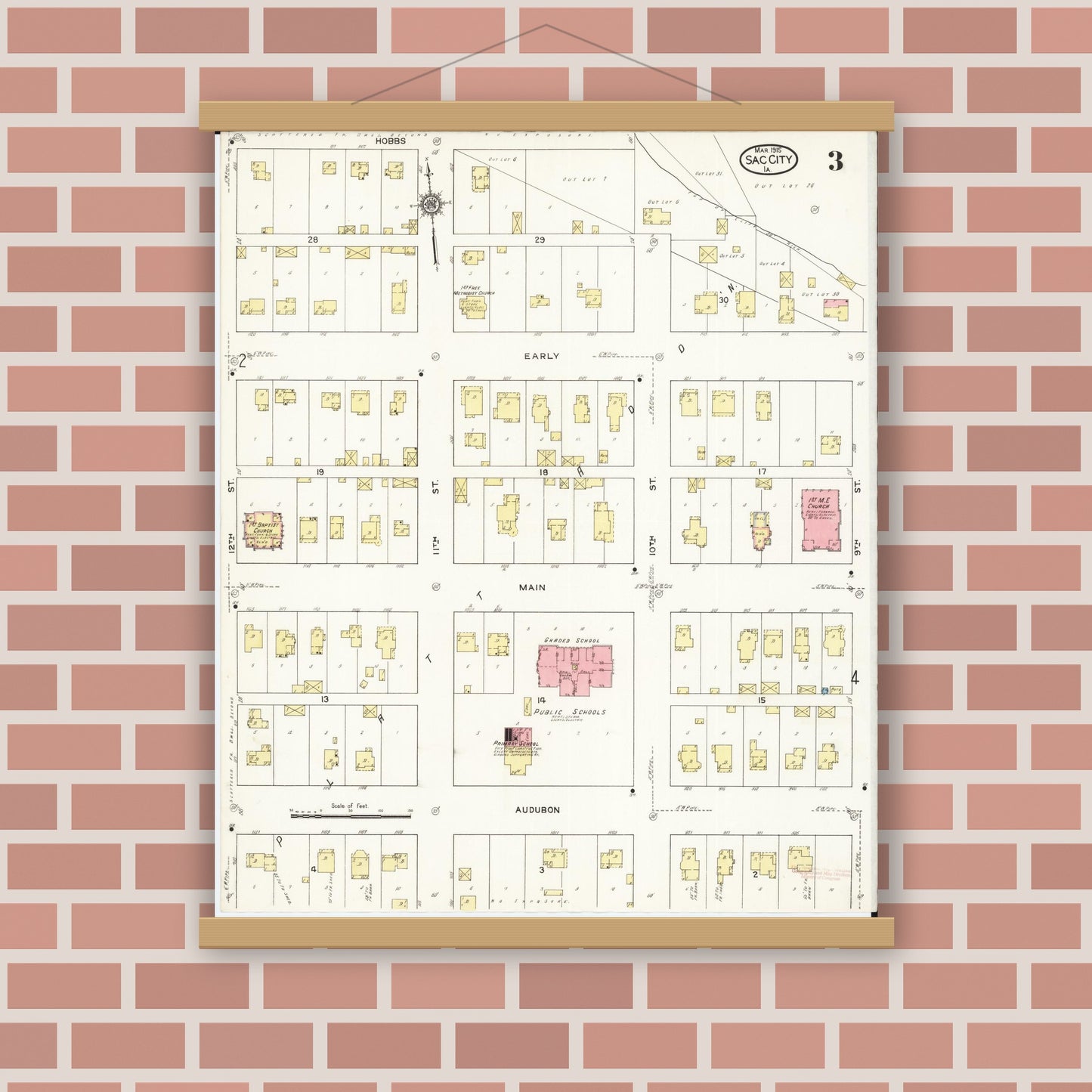 Old map wall art mockup — magnetic wood frame on brick wall — Sanborn Fire Insurance Map from Sac City, Sac County, Iowa (1915), Sheet #0003