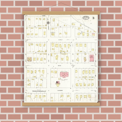 Old map wall art mockup — magnetic wood frame on brick wall — Sanborn Fire Insurance Map from Sac City, Sac County, Iowa (1915), Sheet #0003
