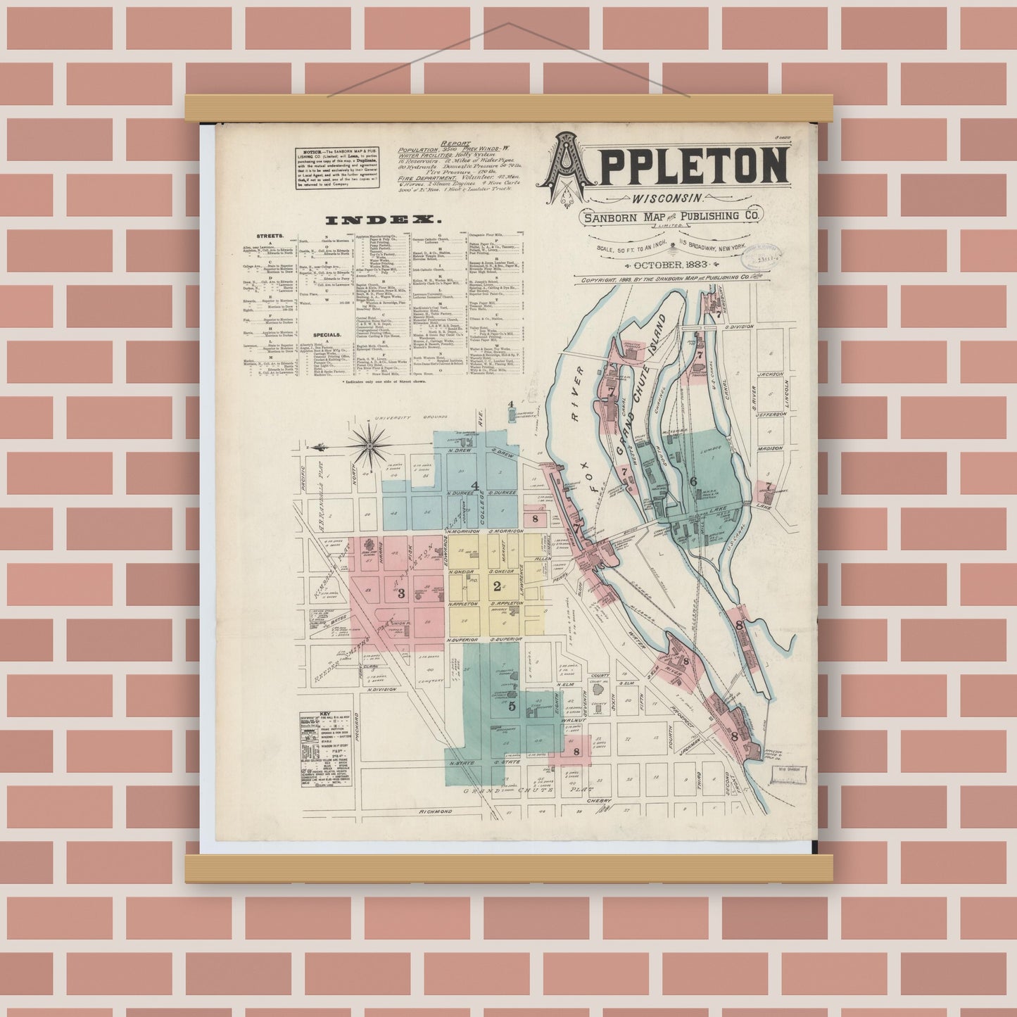 Old map wall art mockup — magnetic wood frame on brick wall — Sanborn Fire Insurance Map from Appleton, Outagamie County, Wisconsin (1883), Sheet #0001