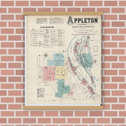Old map wall art mockup — magnetic wood frame on brick wall — Sanborn Fire Insurance Map from Appleton, Outagamie County, Wisconsin (1883), Sheet #0001