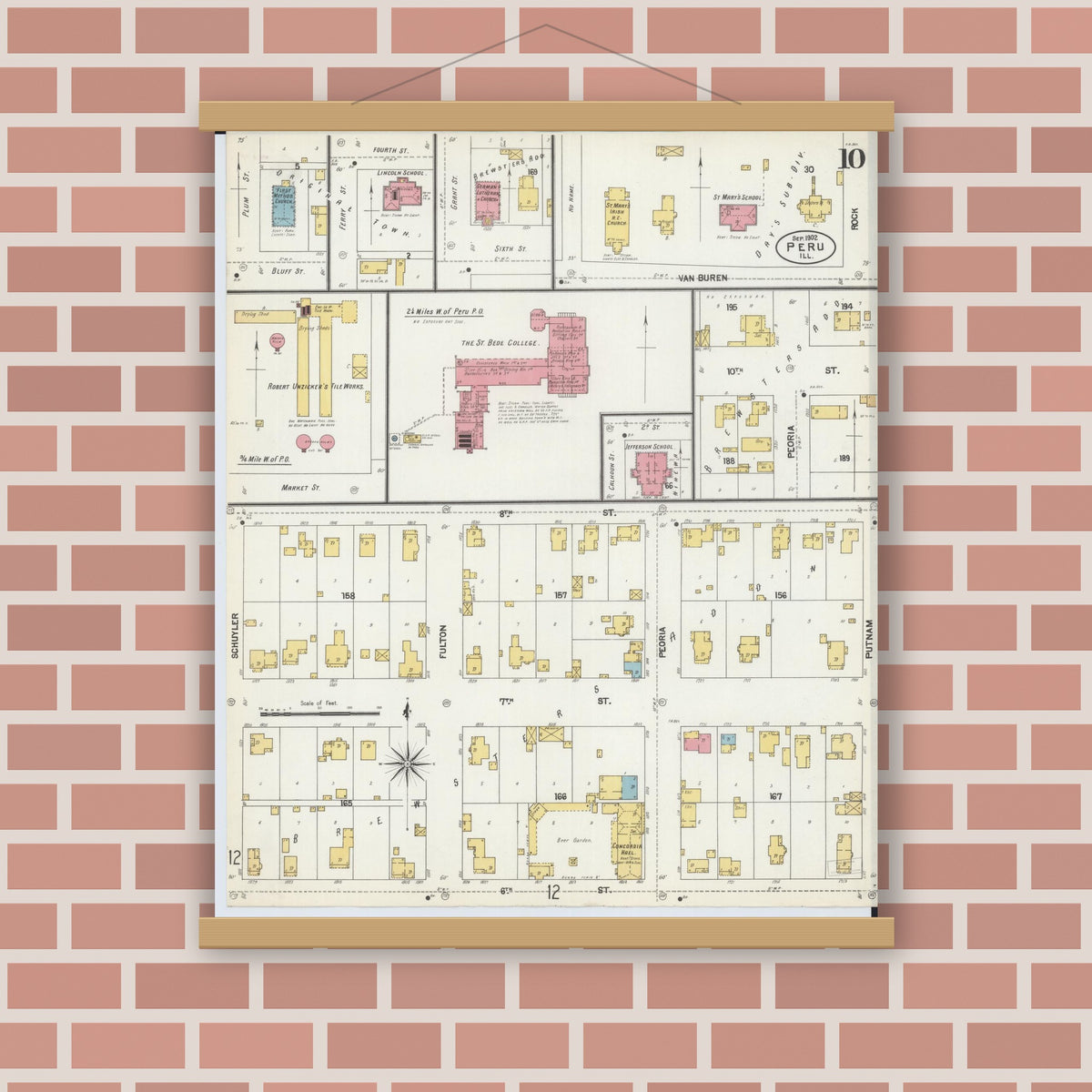 Old map wall art mockup — magnetic wood frame on brick wall — Sanborn Fire Insurance Map from Peru, La Salle County, Illinois (1902), Sheet #0010
