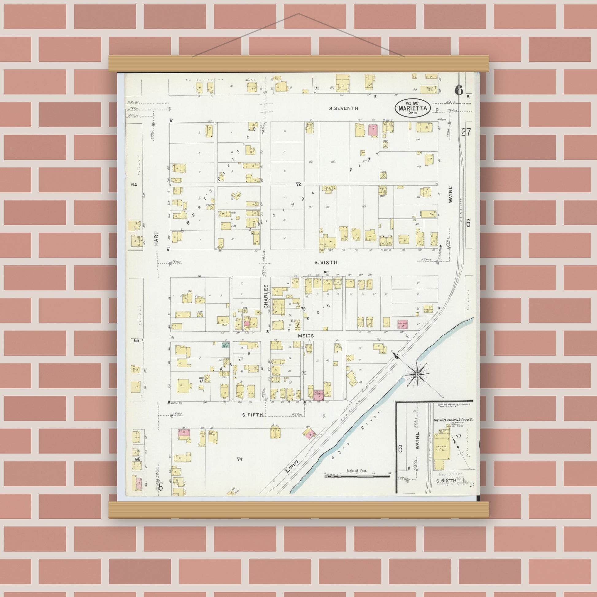 Old map wall art mockup — magnetic wood frame on brick wall — Sanborn Fire Insurance Map from Marietta, Washington County, Ohio (1907), Sheet #0006