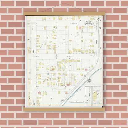 Old map wall art mockup — magnetic wood frame on brick wall — Sanborn Fire Insurance Map from Marietta, Washington County, Ohio (1907), Sheet #0006