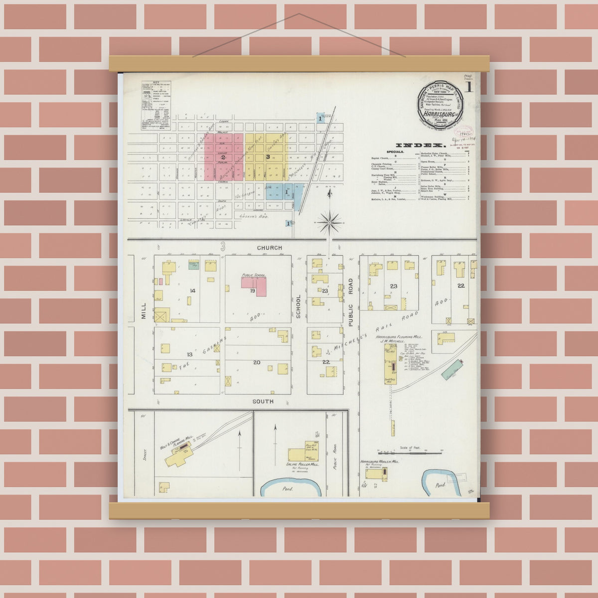 Old map wall art mockup — magnetic wood frame on brick wall — Sanborn Fire Insurance Map from Harrisburg, Saline County, Illinois (1894) - Complete Map Set