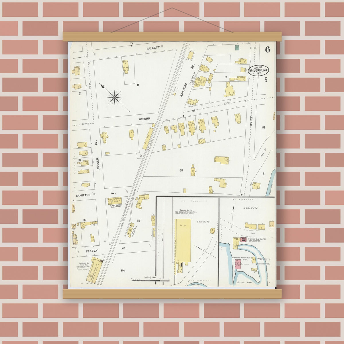 Old map wall art mockup — magnetic wood frame on brick wall — Sanborn Fire Insurance Map from Riverhead, Suffolk County, New York (1902), Sheet #0006