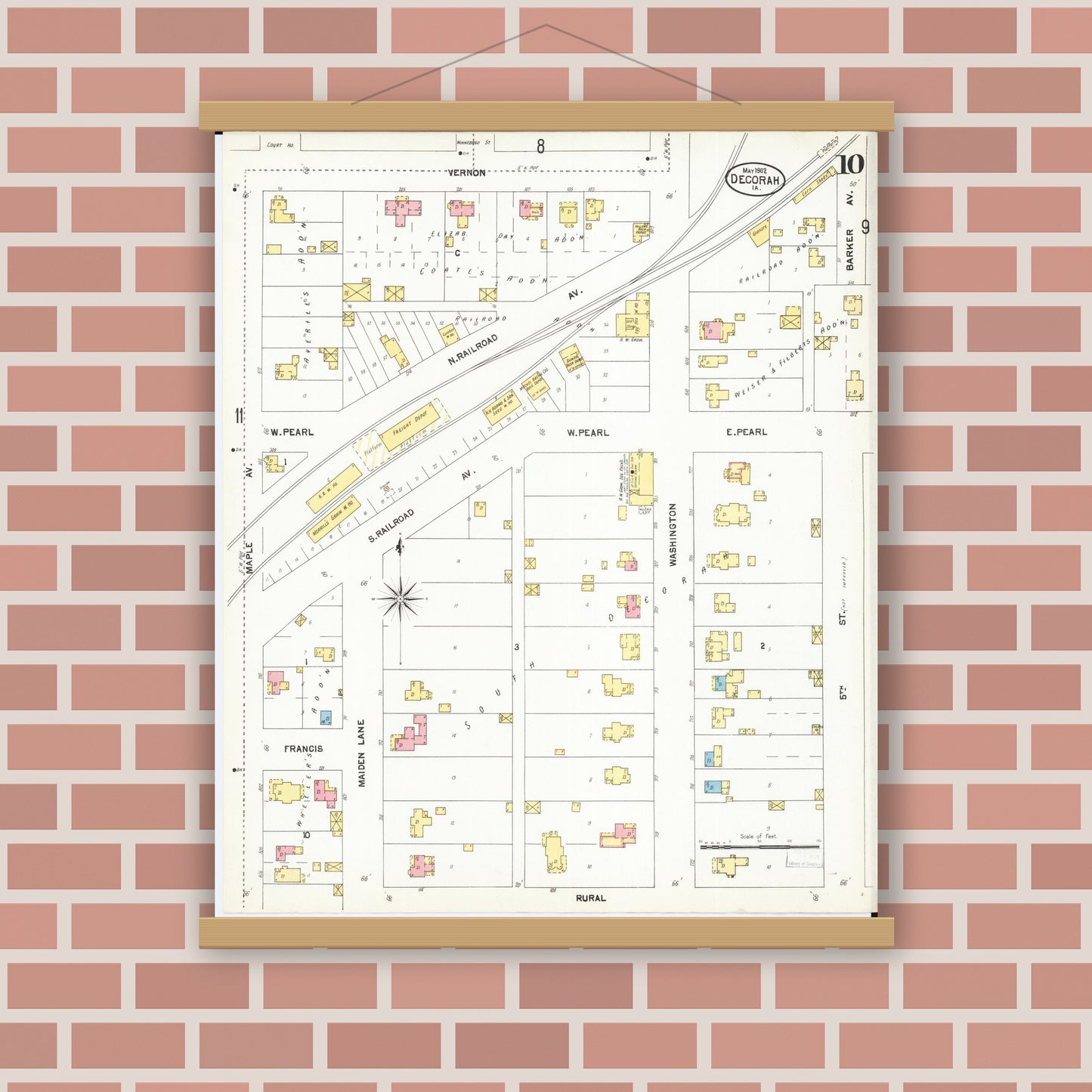 Old map wall art mockup — magnetic wood frame on brick wall — Sanborn Fire Insurance Map from Decorah, Winneshiek County, Iowa (1902), Sheet #0010