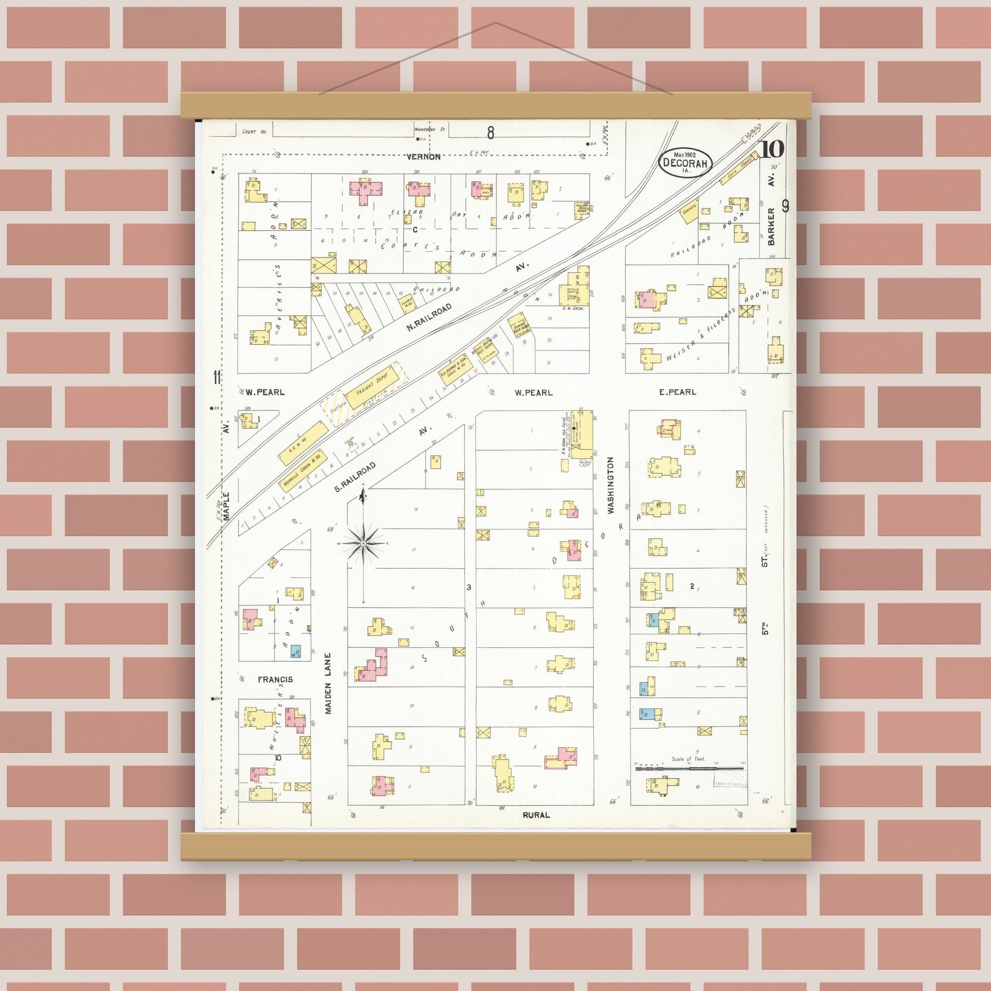 Old map wall art mockup — magnetic wood frame on brick wall — Sanborn Fire Insurance Map from Decorah, Winneshiek County, Iowa (1902), Sheet #0010