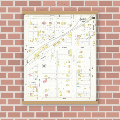 Old map wall art mockup — magnetic wood frame on brick wall — Sanborn Fire Insurance Map from Decorah, Winneshiek County, Iowa (1902), Sheet #0010