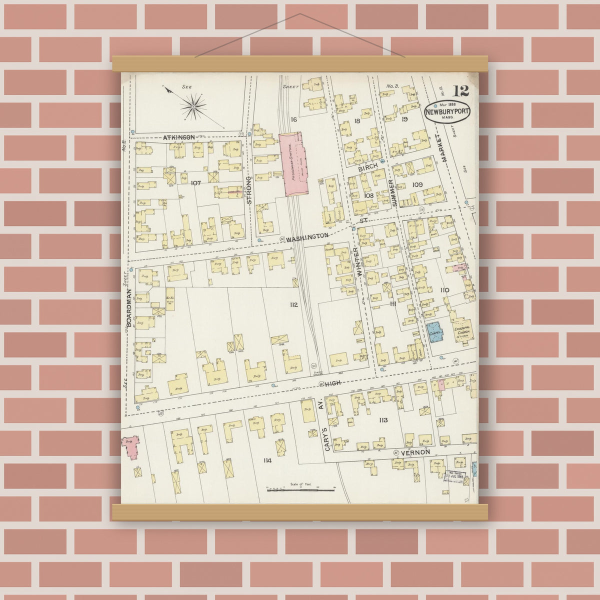 Old map wall art mockup — magnetic wood frame on brick wall — Sanborn Fire Insurance Map from Newburyport, Essex County, Massachusetts (1888), Sheet #0012