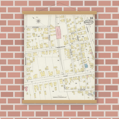 Old map wall art mockup — magnetic wood frame on brick wall — Sanborn Fire Insurance Map from Newburyport, Essex County, Massachusetts (1888), Sheet #0012