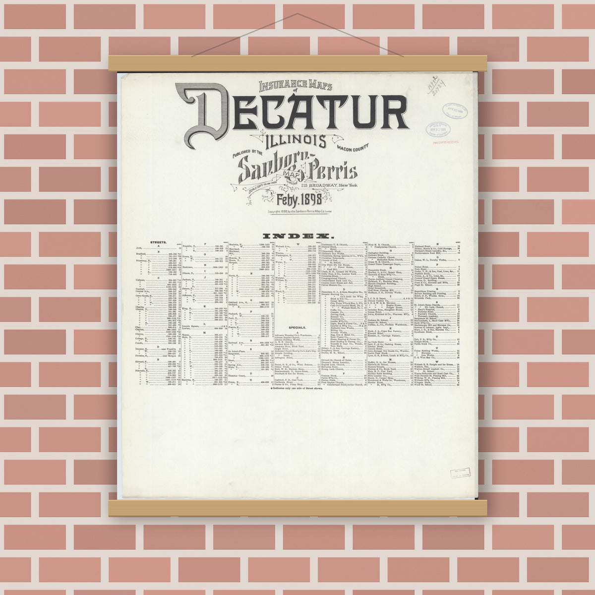Old map wall art mockup — magnetic wood frame on brick wall — Sanborn Fire Insurance Map from Decatur, Macon County, Illinois (1898), Sheet #0001