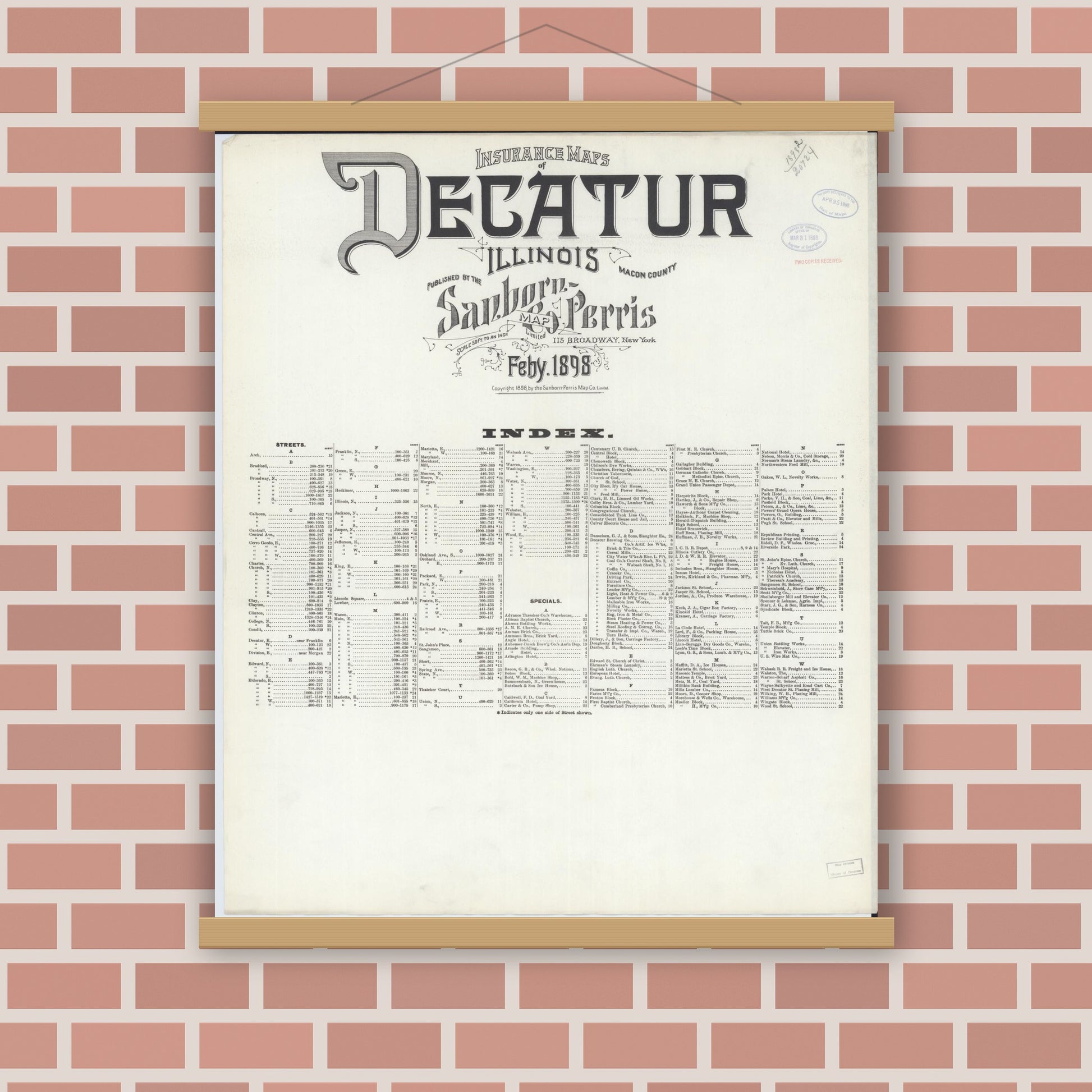 Old map wall art mockup — magnetic wood frame on brick wall — Sanborn Fire Insurance Map from Decatur, Macon County, Illinois (1898), Sheet #0001