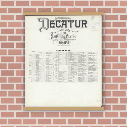 Old map wall art mockup — magnetic wood frame on brick wall — Sanborn Fire Insurance Map from Decatur, Macon County, Illinois (1898), Sheet #0001