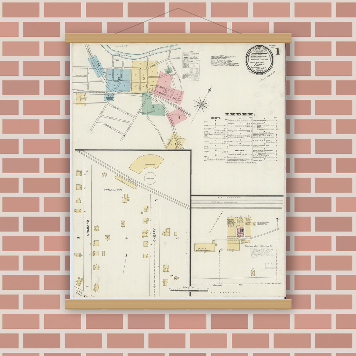 Old map wall art mockup — magnetic wood frame on brick wall — Sanborn Fire Insurance Map from Sidney, Delaware County, New York (1897), Sheet #0001