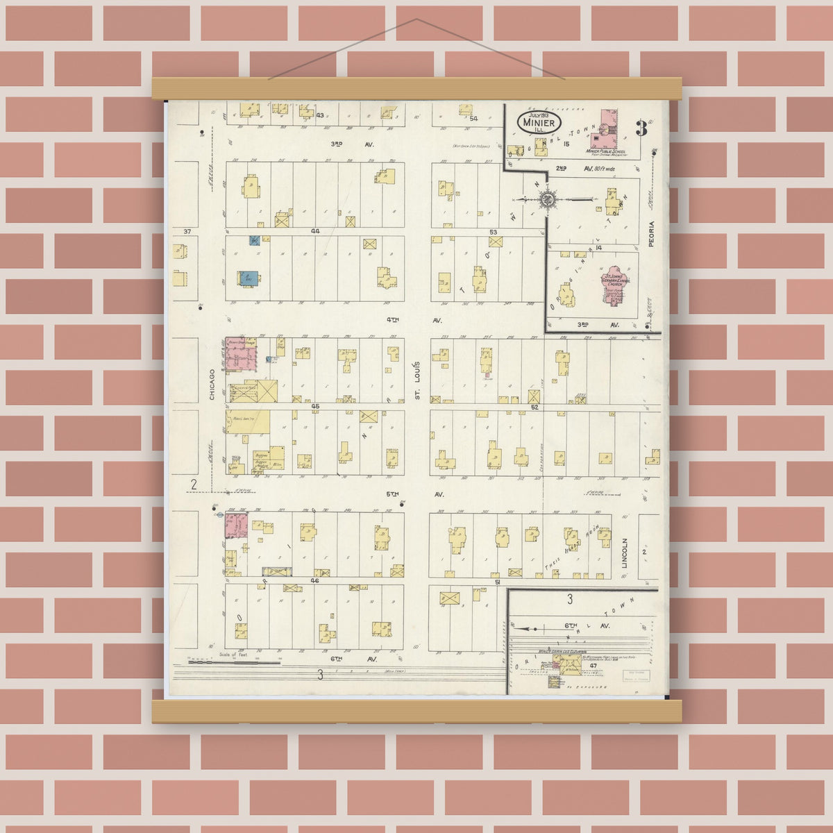Old map wall art mockup — magnetic wood frame on brick wall — Sanborn Fire Insurance Map from Minier, Tazewell County, Illinois (1913), Sheet #0003