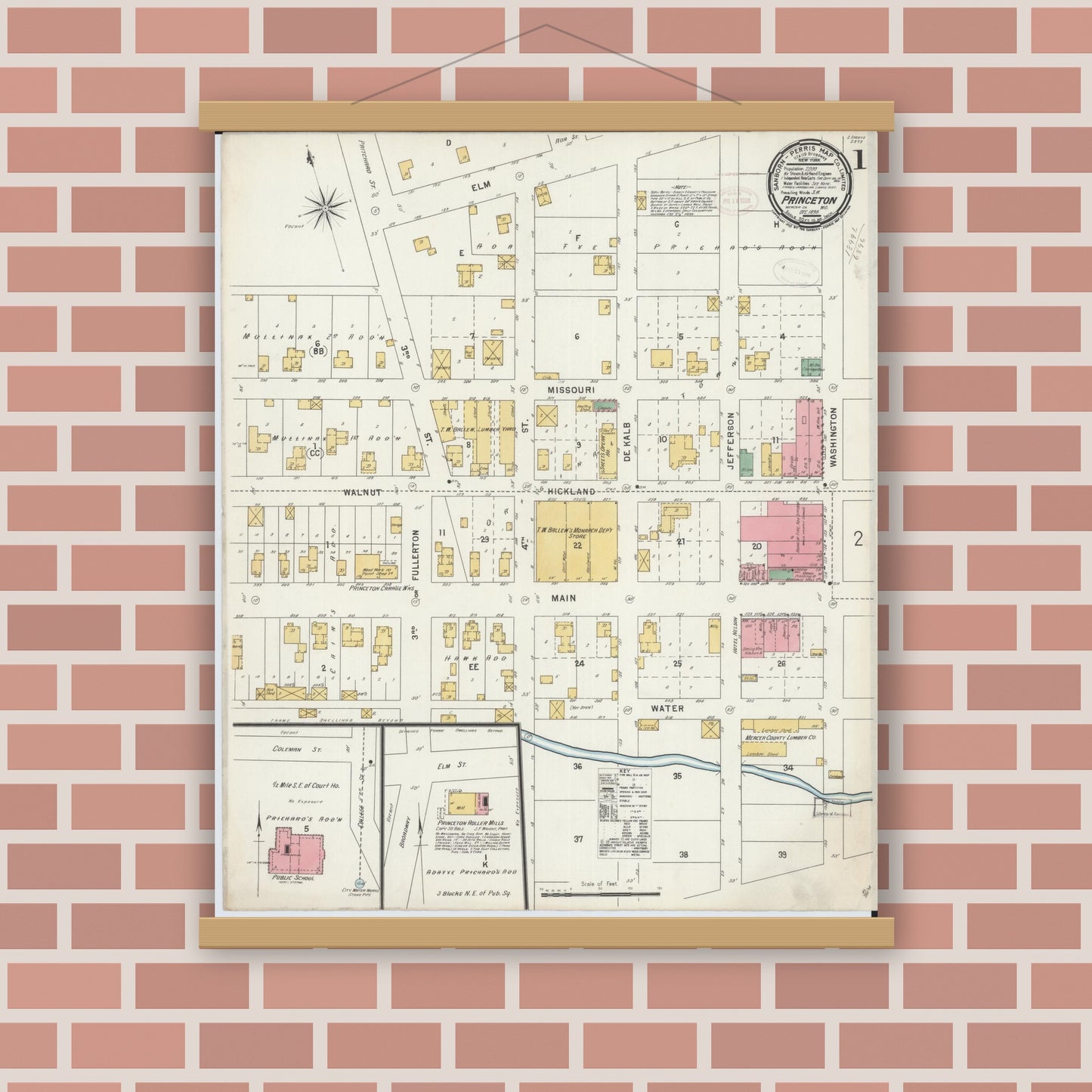 Old map wall art mockup — magnetic wood frame on brick wall — Sanborn Fire Insurance Map from Princeton, Mercer County, Missouri (1898), Sheet #0001