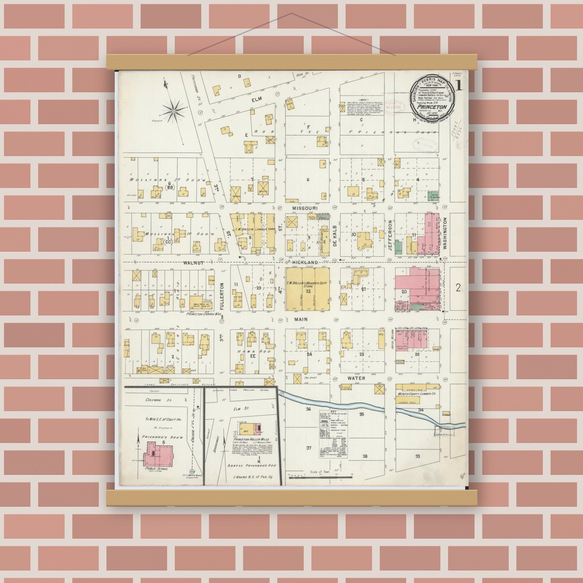 Old map wall art mockup — magnetic wood frame on brick wall — Sanborn Fire Insurance Map from Princeton, Mercer County, Missouri (1898), Sheet #0001