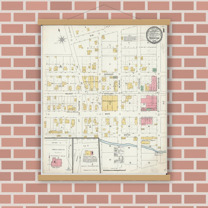 Old map wall art mockup — magnetic wood frame on brick wall — Sanborn Fire Insurance Map from Princeton, Mercer County, Missouri (1898), Sheet #0001