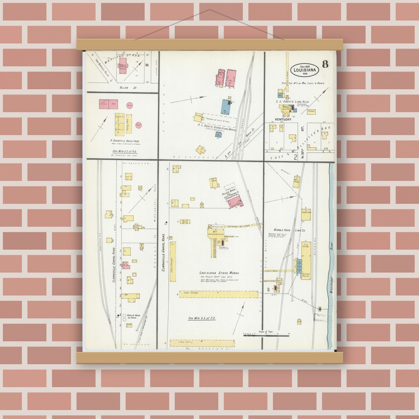 Old map wall art mockup — magnetic wood frame on brick wall — Sanborn Fire Insurance Map from Louisiana, Pike County, Missouri (1902), Sheet #0008