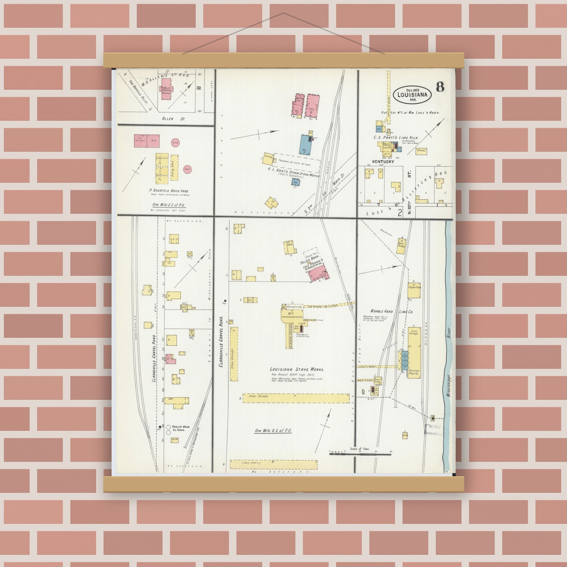 Old map wall art mockup — magnetic wood frame on brick wall — Sanborn Fire Insurance Map from Louisiana, Pike County, Missouri (1902), Sheet #0008
