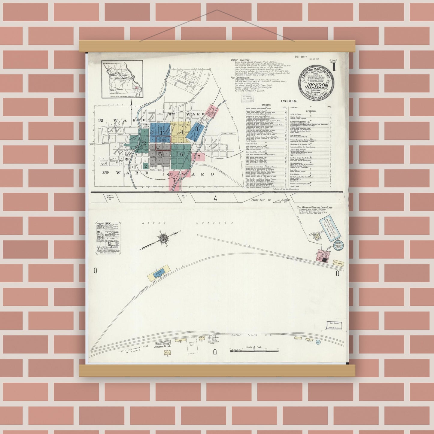 Old map wall art mockup — magnetic wood frame on brick wall — Sanborn Fire Insurance Map from Jackson, Cape Girardeau County, Missouri (1921) - Complete Map Set