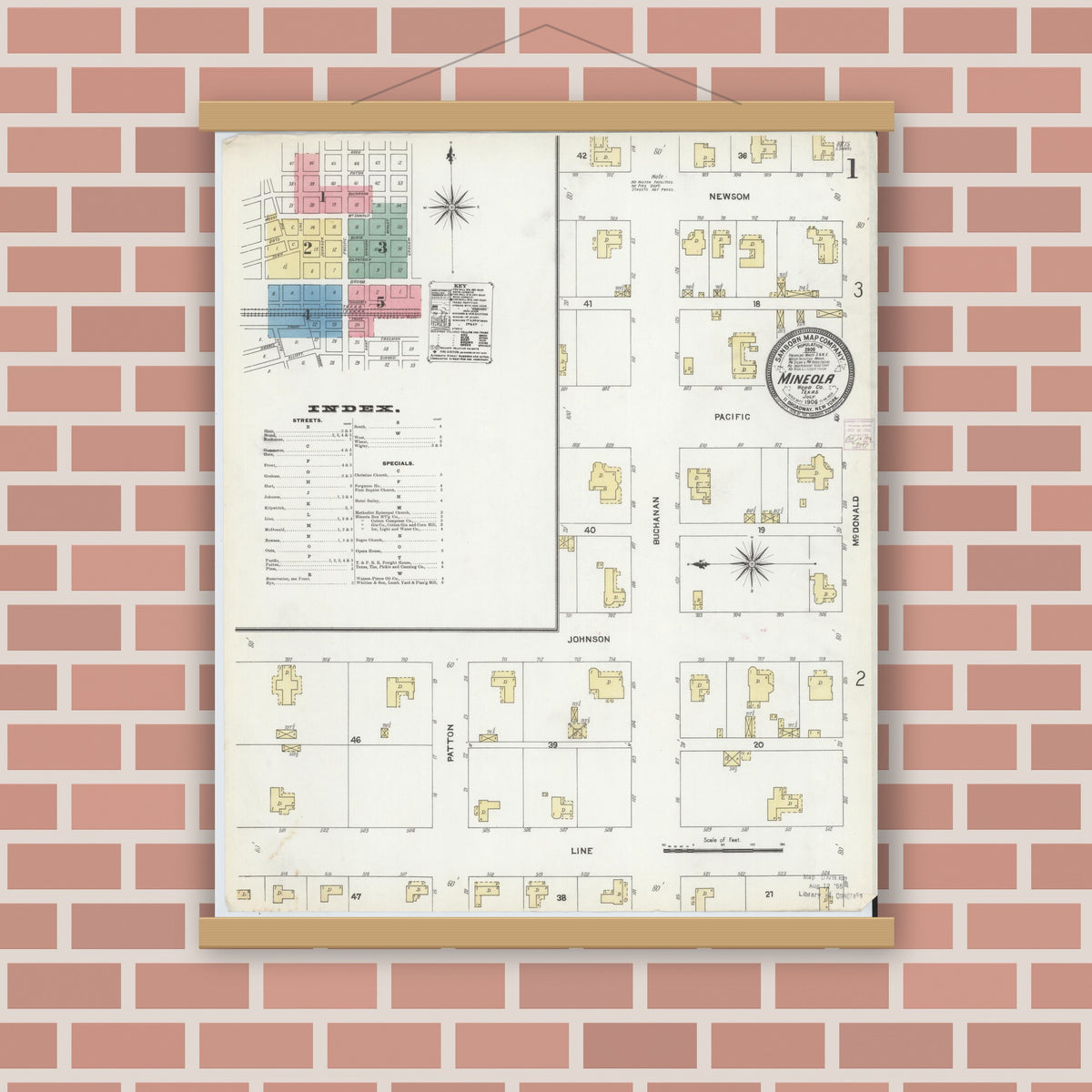 Old map wall art mockup — magnetic wood frame on brick wall — Sanborn Fire Insurance Map from Mineola, Wood County, Texas (1906) - Complete Map Set