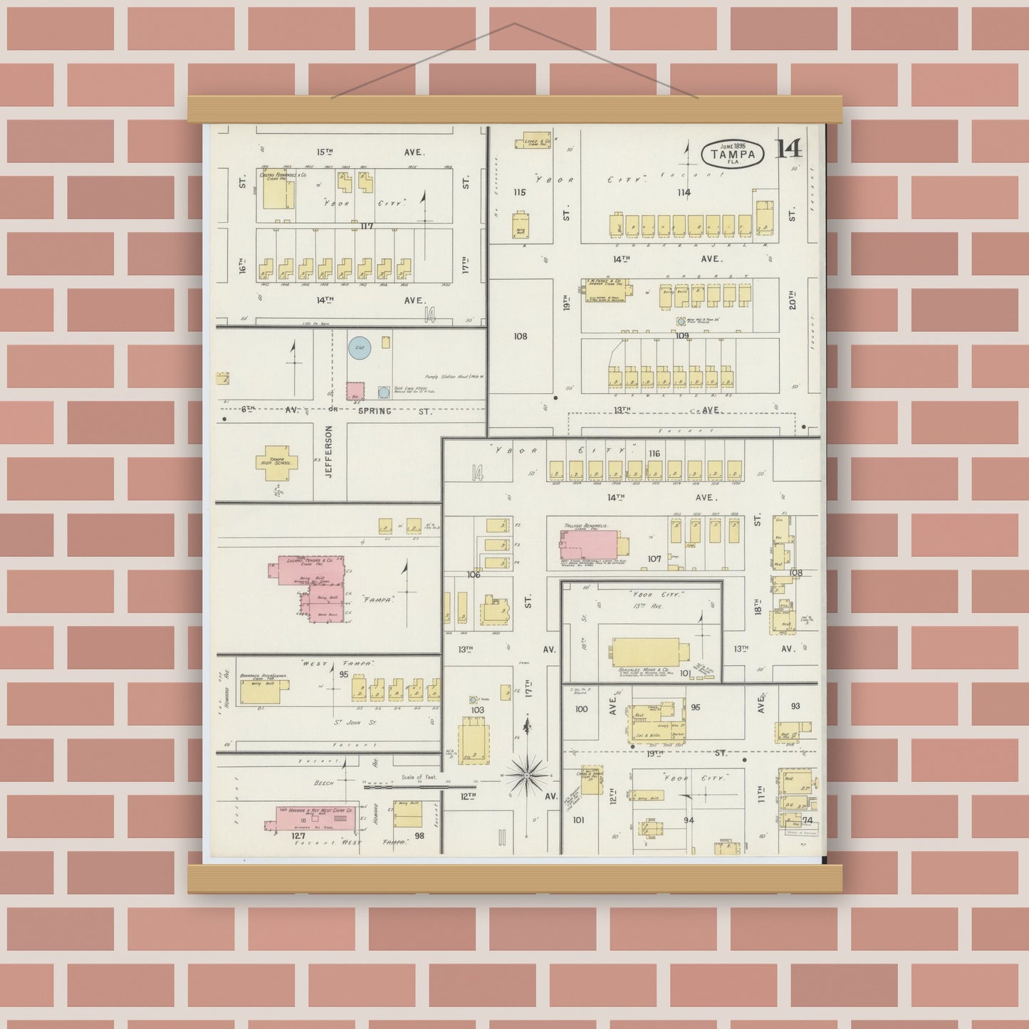 Old map wall art mockup — magnetic wood frame on brick wall — Sanborn Fire Insurance Map from Tampa, Hillsborough County, Florida (1895), Sheet #0018