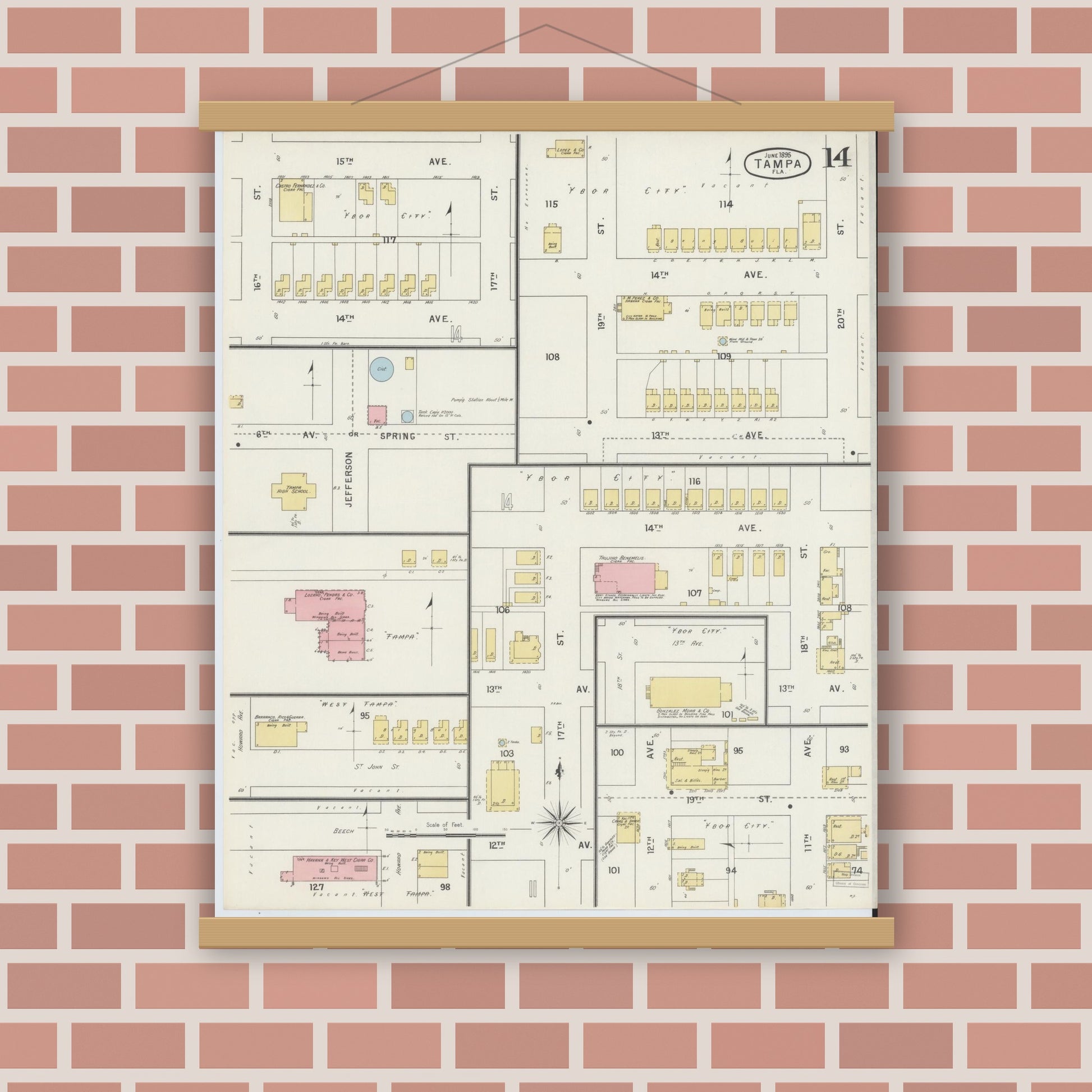 Old map wall art mockup — magnetic wood frame on brick wall — Sanborn Fire Insurance Map from Tampa, Hillsborough County, Florida (1895), Sheet #0018