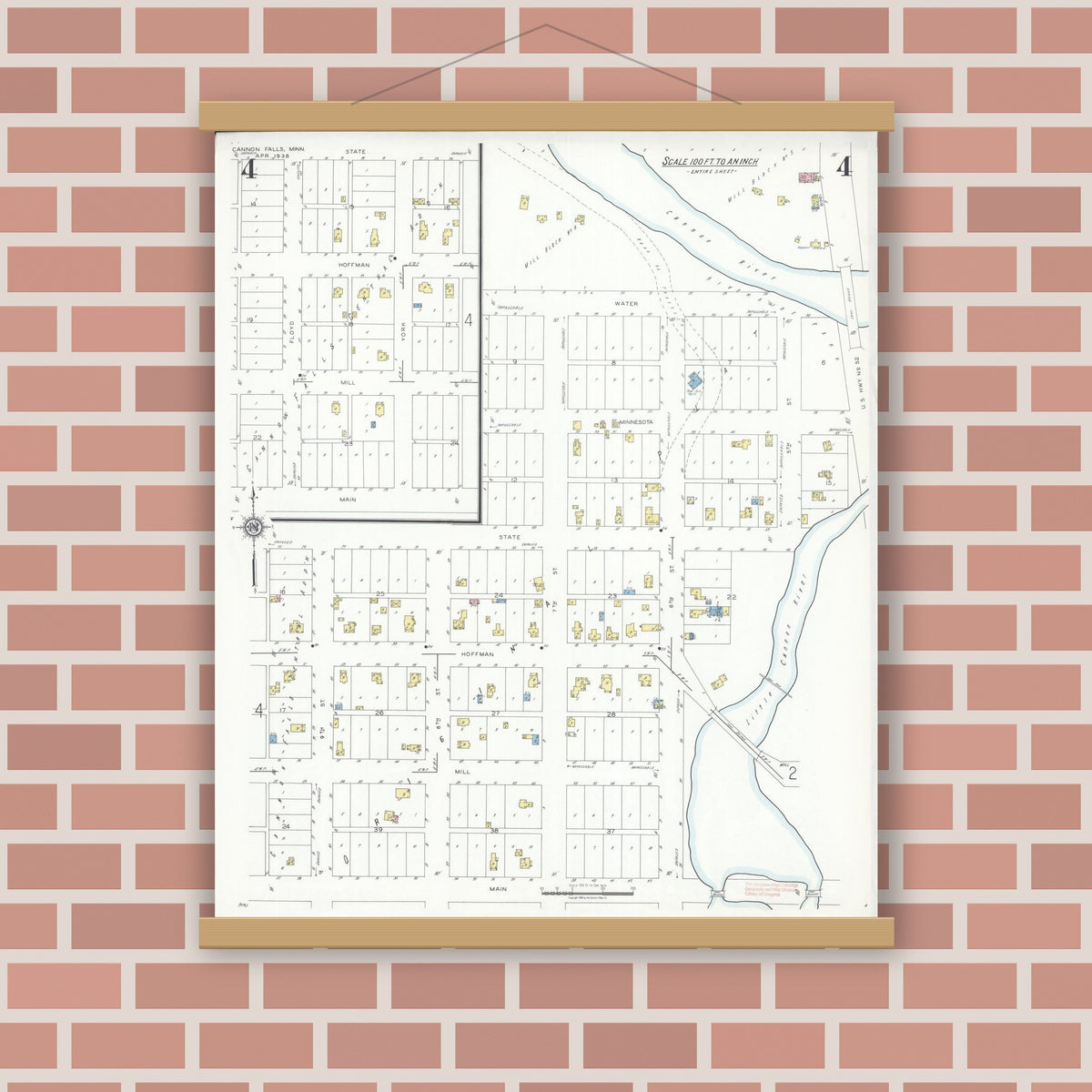 Old map wall art mockup — magnetic wood frame on brick wall — Sanborn Fire Insurance Map from Cannon Falls, Goodhue County, Minnesota (1938), Sheet #0004
