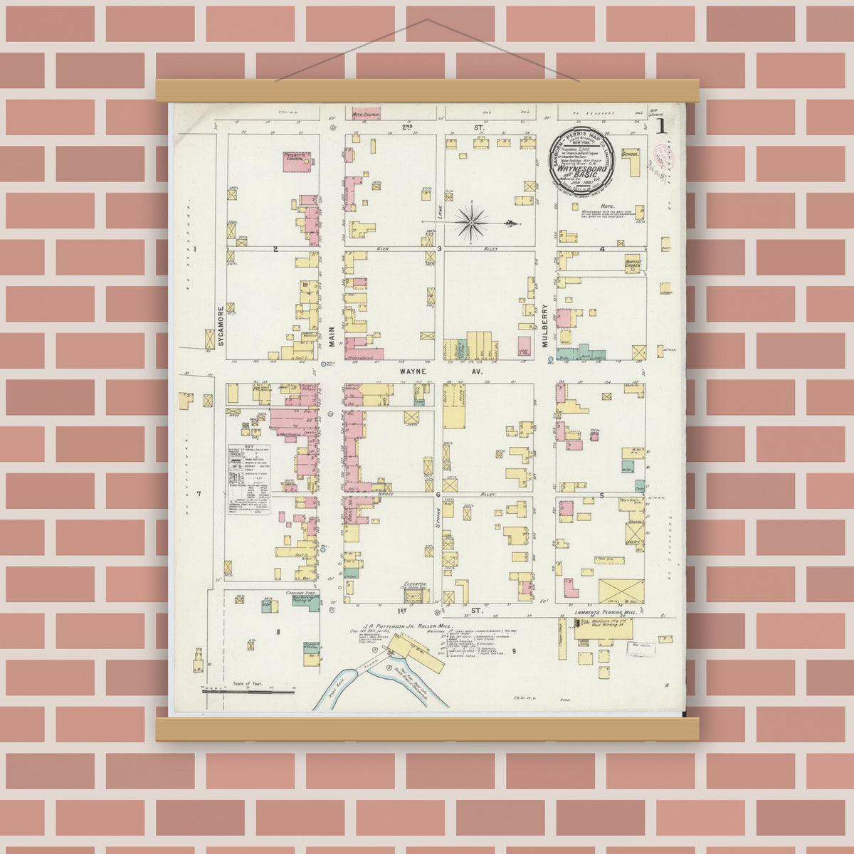 Old map wall art mockup — magnetic wood frame on brick wall — Sanborn Fire Insurance Map from Waynesboro, Independent Cities, Virginia (1897), Sheet #0001