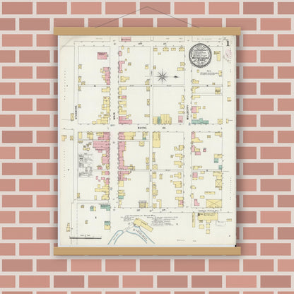 Old map wall art mockup — magnetic wood frame on brick wall — Sanborn Fire Insurance Map from Waynesboro, Independent Cities, Virginia (1897), Sheet #0001