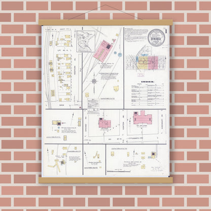 Old map wall art mockup — magnetic wood frame on brick wall — Sanborn Fire Insurance Map from Biwabik, Saint Louis County, Minnesota (1912), Sheet #0001