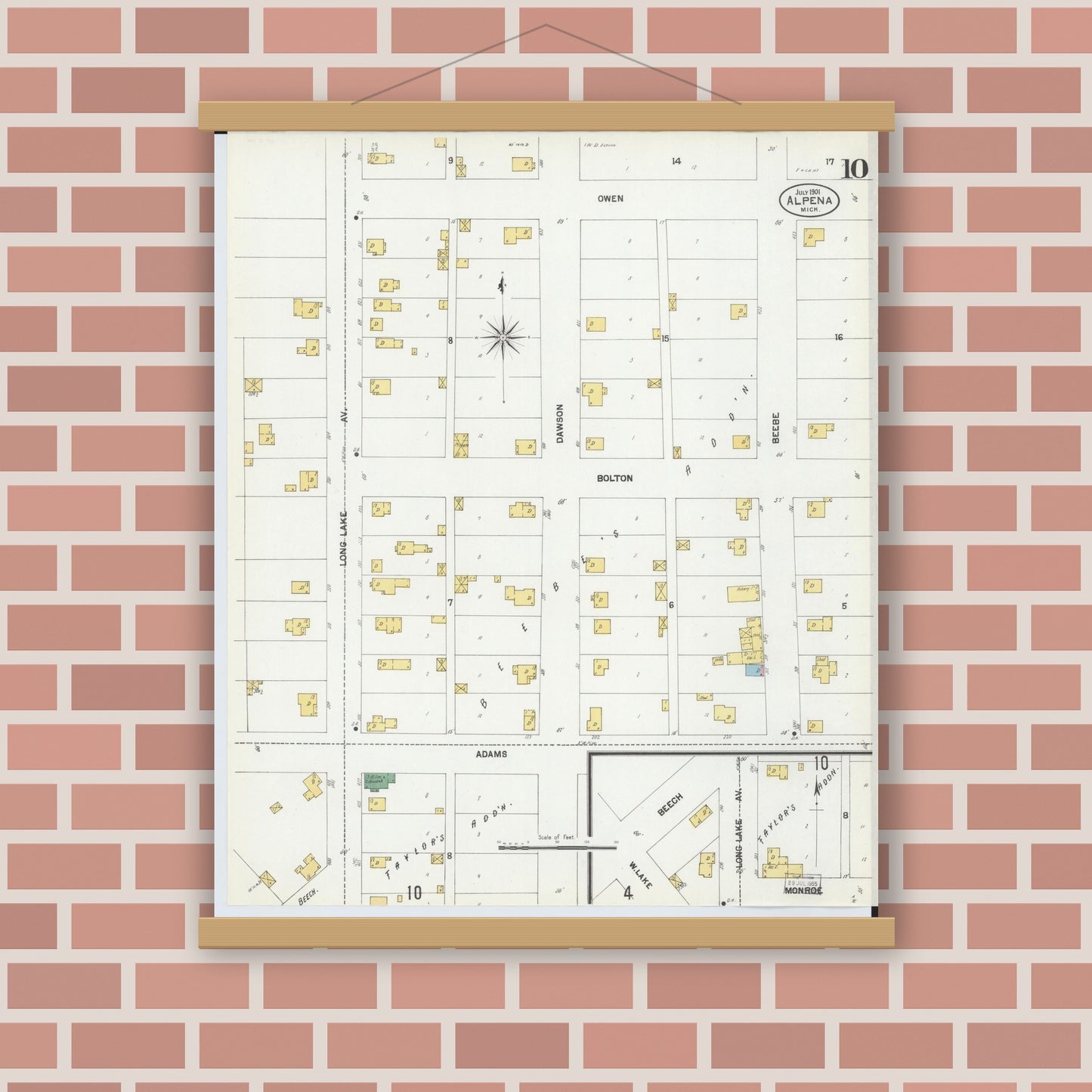 Old map wall art mockup — magnetic wood frame on brick wall — Sanborn Fire Insurance Map from Alpena, Alpena County, Michigan (1901), Sheet #0010