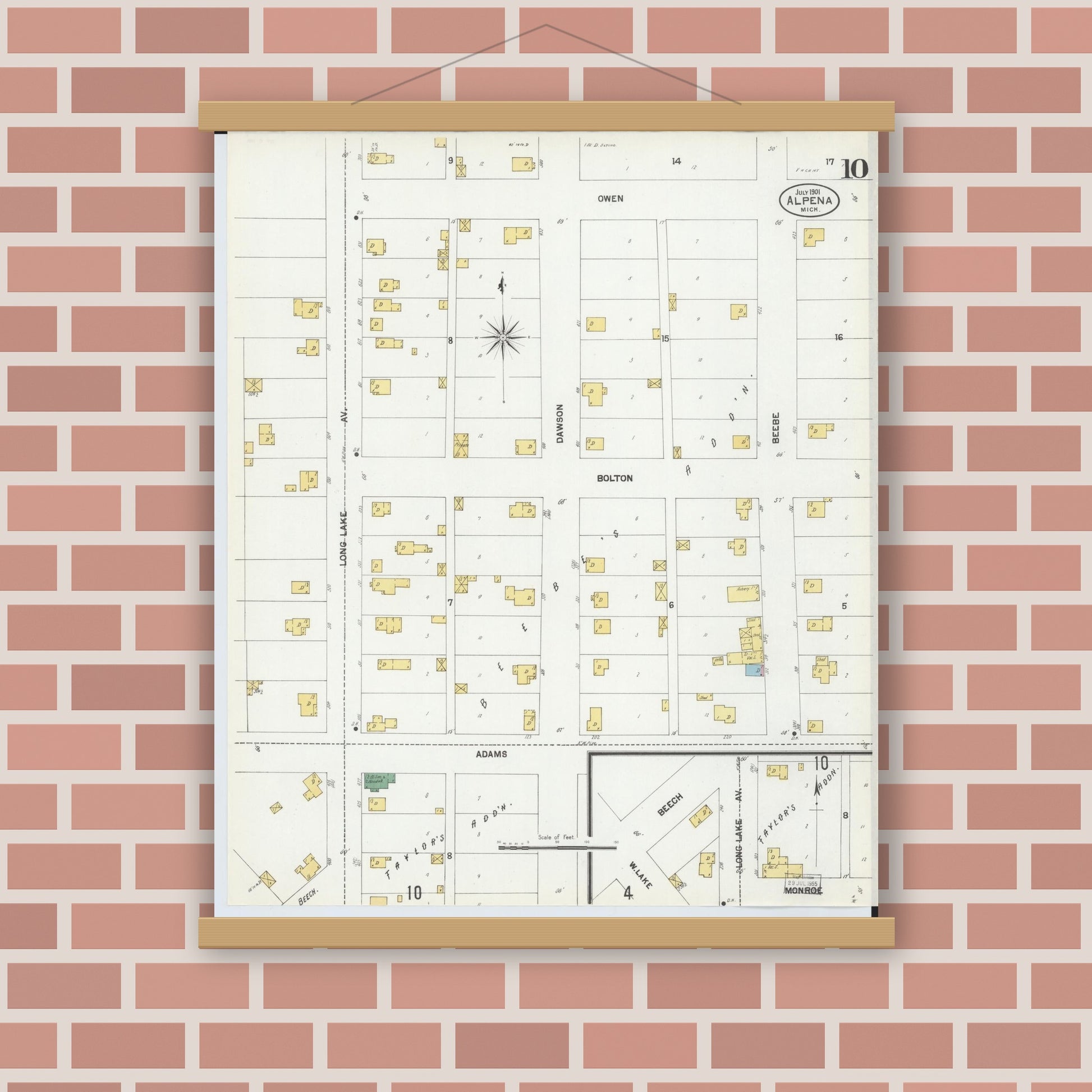Old map wall art mockup — magnetic wood frame on brick wall — Sanborn Fire Insurance Map from Alpena, Alpena County, Michigan (1901), Sheet #0010
