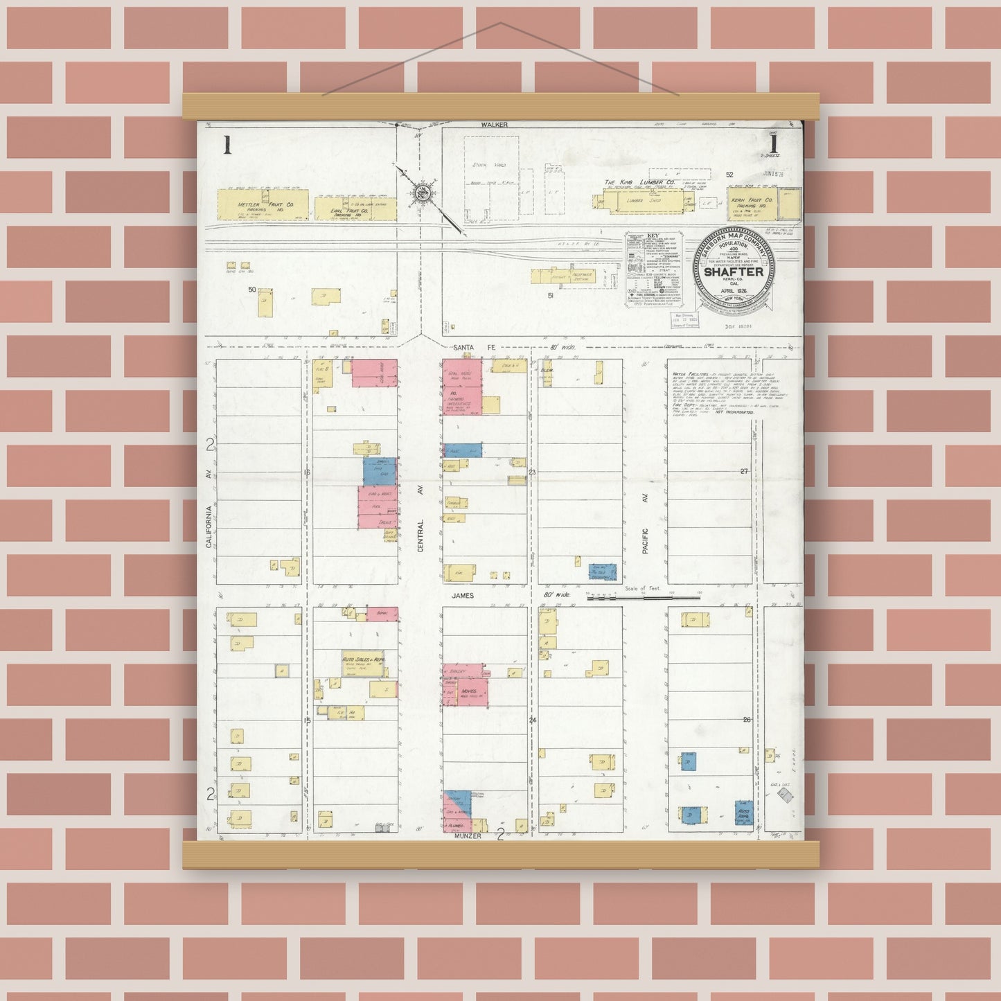 Old map wall art mockup — magnetic wood frame on brick wall — Sanborn Fire Insurance Map from Shafter, Kern County, California (1926) - Complete Map Set