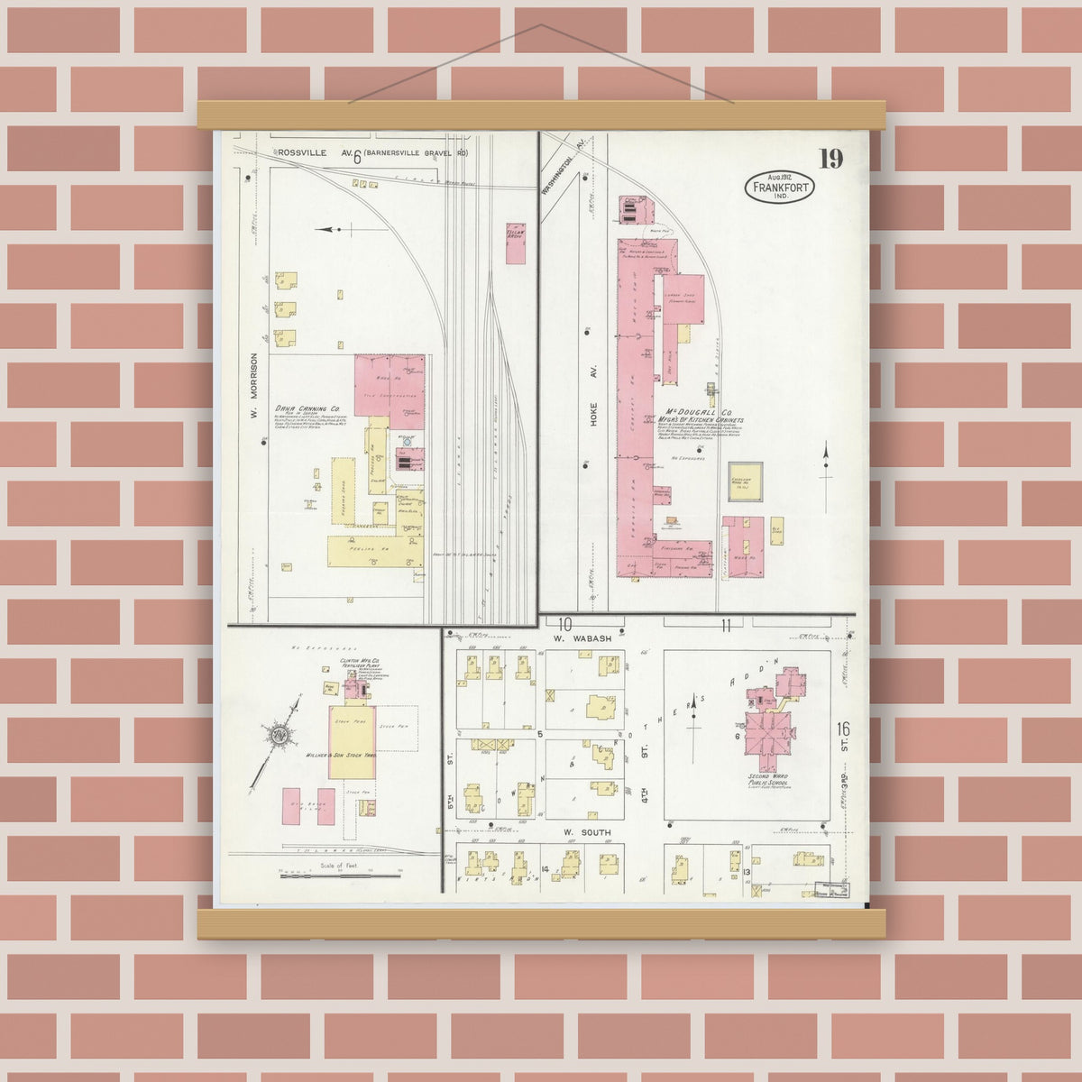 Old map wall art mockup — magnetic wood frame on brick wall — Sanborn Fire Insurance Map from Frankfort, Clinton County, Indiana (1912), Sheet #0019