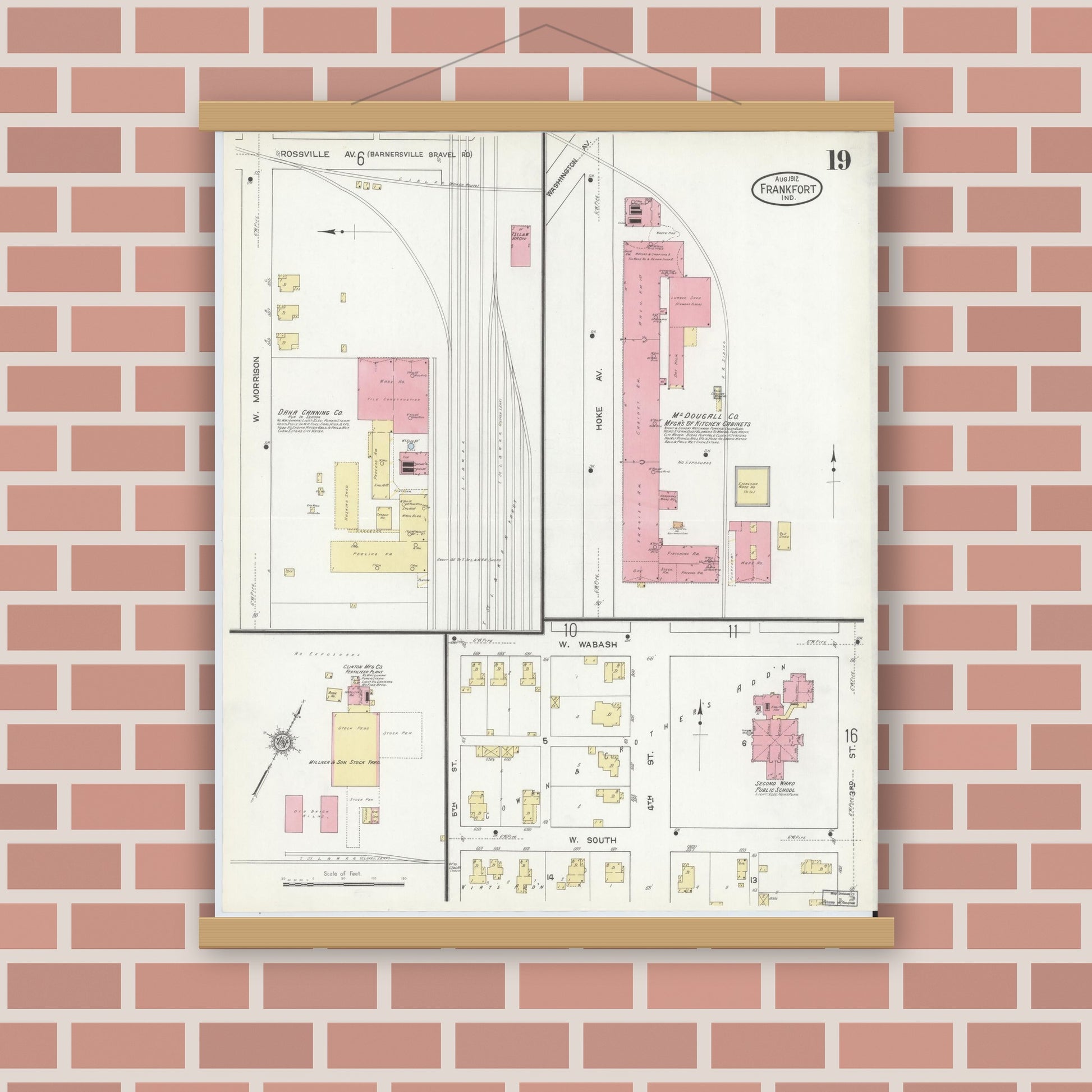 Old map wall art mockup — magnetic wood frame on brick wall — Sanborn Fire Insurance Map from Frankfort, Clinton County, Indiana (1912), Sheet #0019
