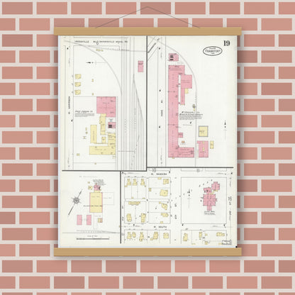 Old map wall art mockup — magnetic wood frame on brick wall — Sanborn Fire Insurance Map from Frankfort, Clinton County, Indiana (1912), Sheet #0019