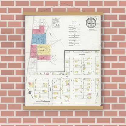 Old map wall art mockup — magnetic wood frame on brick wall — Sanborn Fire Insurance Map from Chandlerville, Cass County, Illinois (1909), Sheet #0001