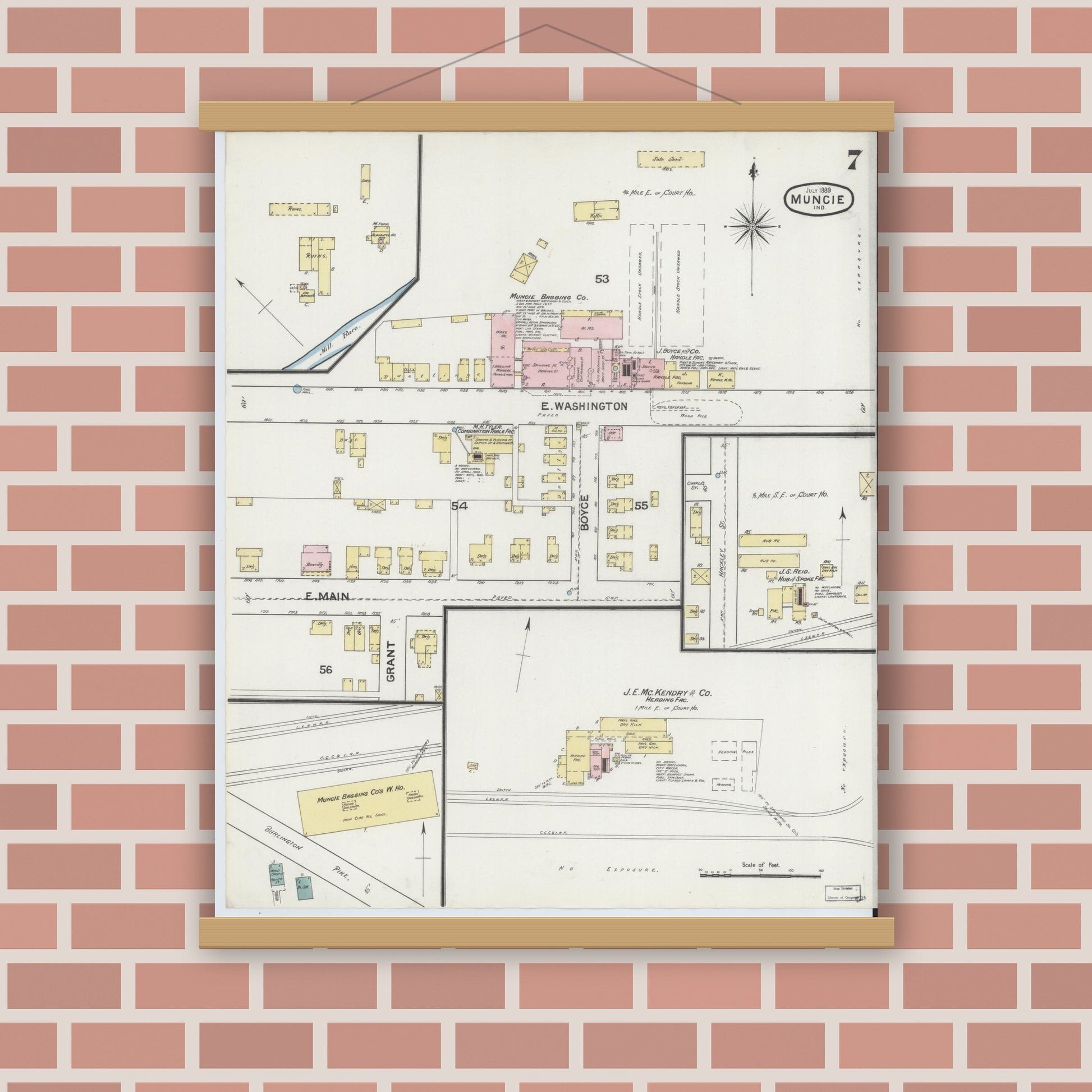 Old map wall art mockup — magnetic wood frame on brick wall — Sanborn Fire Insurance Map from Muncie, Delaware County, Indiana (1889), Sheet #0007