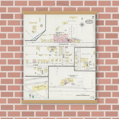 Old map wall art mockup — magnetic wood frame on brick wall — Sanborn Fire Insurance Map from Muncie, Delaware County, Indiana (1889), Sheet #0007