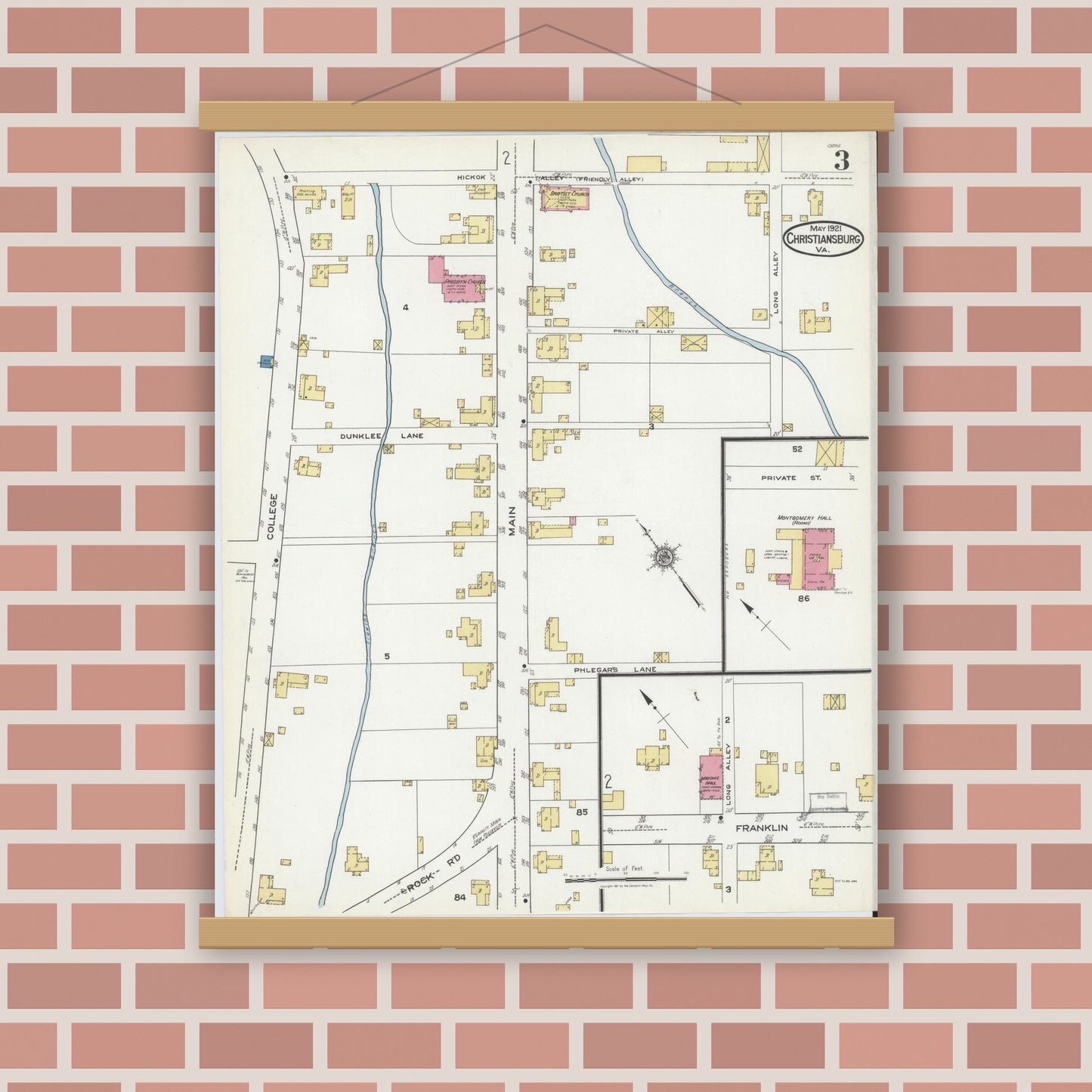 Old map wall art mockup — magnetic wood frame on brick wall — Sanborn Fire Insurance Map from Christiansburg, Montgomery County, Virginia (1921), Sheet #0003